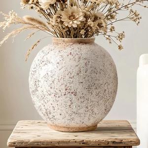 Large Ceramic Vase, 10.8" H, Red White Speckled | Rustic Farmhouse, Round & Tall, Indoor Table Living Room Decor, Wabi Sabi
