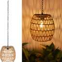 Larekook Hanging Solar Lanterns Outdoor Waterproof, Natural Seeweed Rattan Lantern Bamboo Woven Hanging Pendent Light with Edison Bulb,Solar Chandelier Outdoor Light for Gazebo Garden Porch Patio