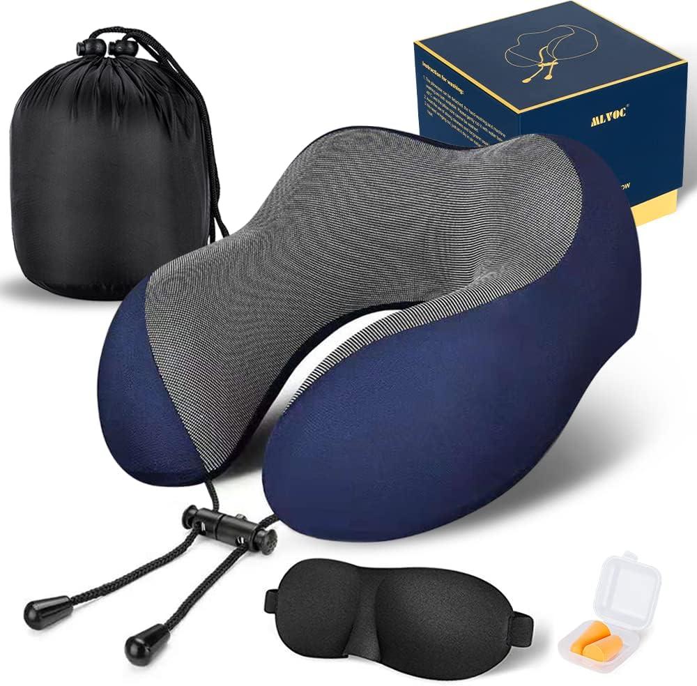 MLVOC Neck Pillow for Traveling, Upgraded 100% Pure Memory Foam Travel Neck Pillow for Airplane Flight Sleep, Breathable & Machine Washable Cover, Travel Kit with 3D Eye Mask, Earplugs & Bag, Blue