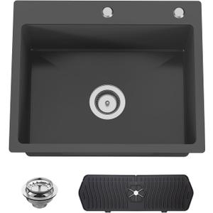 Black Kitchen And Bar Sink, 22x18 Inch Stainless Steel Drop In Kitchen Sink Modern Single Bowl Topmount Bar Sink Combo-Silicon Mat,Drain Strainer Set Compatibility With Various Kitchen & Bar Style