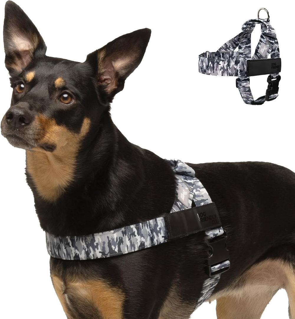 Dog Friendly Co. Dog Harness | Chafe Resistant Webbing, Adjustable Neck & Chest, and Heavy Duty D-Ring | Sturdy, Comfortable, Easy to Use | Grey Camo, Size M