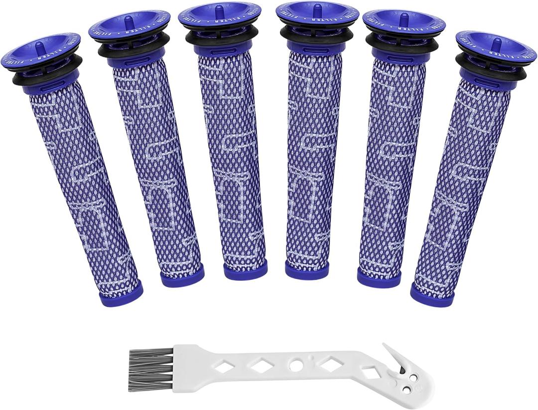 6 Pack Pre Filters Compatible With Dyson V6, V7, V8, DC58, DC59, DC61, DC62 Absolute Animal Cordless Vacuum Cleaners - Replaces Part # 965661-01 - 6 Filters With 1 Brush