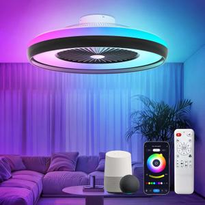 Bladeless Ceiling Fan with RGB Light, 24'' Flush Mount Low Profile Ceiling Fans with Remote & APP Control, Voice Control, 2700-6500K, 6 Speeds Dimmable LED Fan Light for Bedroom, Kids Room