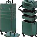 Makeup Train Case, Rolling Makeup Case with Lid, 5 in 1 Cosmetology Case on Wheels, Christmas Gift, Large Makeup Case Organizers, Profesional Cosmetic Case for Salon Barber, Green (4 layers)