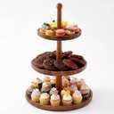 BURMAN Cupcake Stand Dessert Table Display Set – 2 in 1 Adjustable Height Rustic Natural Acacia Cupcake Holder Round Wood Tray – Three Tiered Serving Stand with Rotating Wheels, Anti Slip Stickers