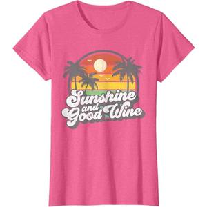 Sunshine And Good Wine Beach Retro 70s Vintage Vacation Gift T-Shirt (Pink, Small)