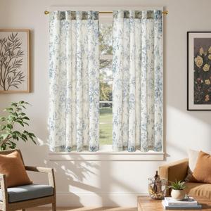 jinchan Linen Floral Tier Curtains 54 Inch Farmhouse Botanic Cafe Curtains Light Filtering Drapes for Small Windows Back Tab Half Window for Kitchen Living Room Bathroom 2 Panels Blue