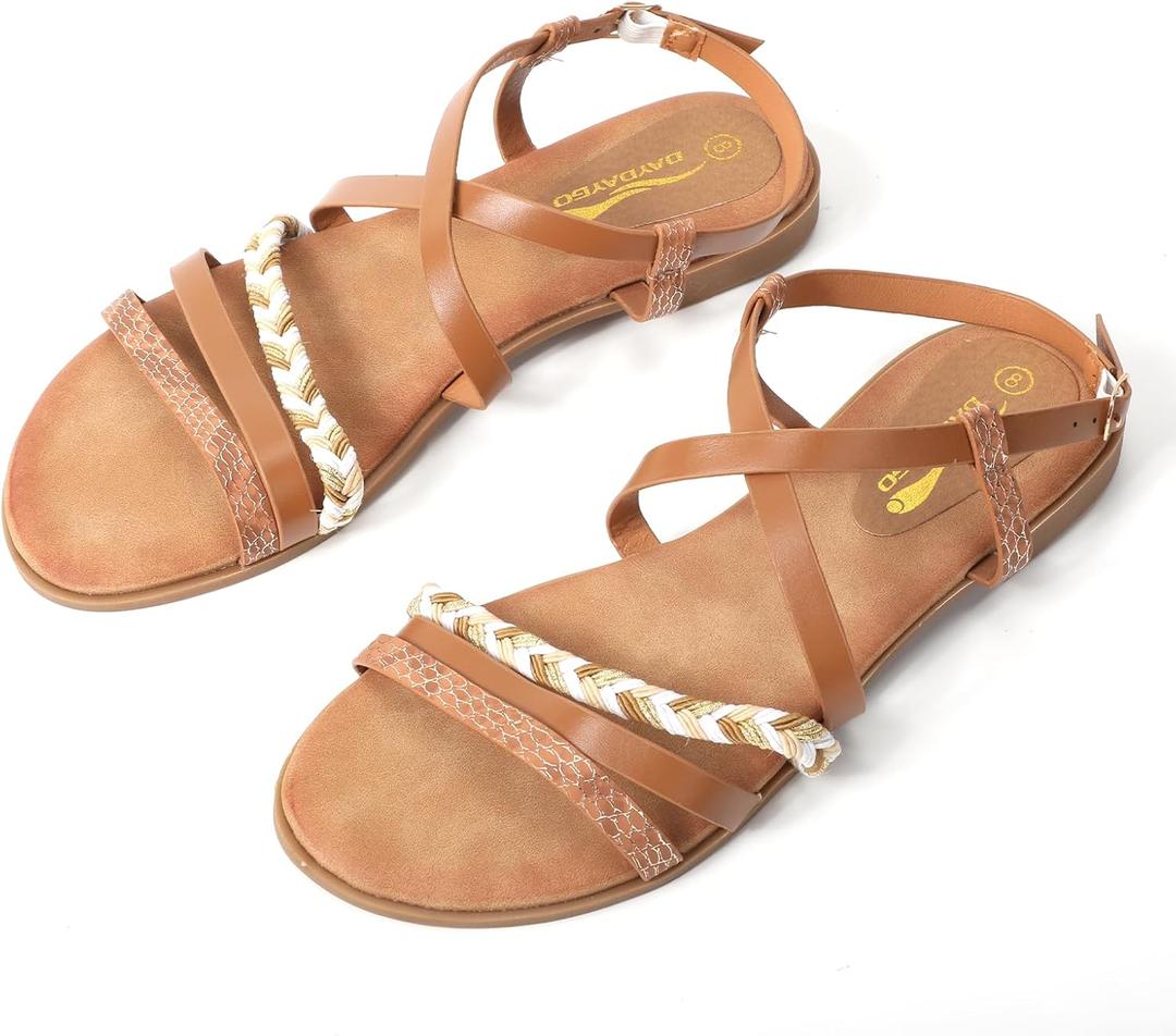 Women's Elegant Flat Sandals with Adjustable Ankle Strap and Memory Foam - Dressy and Comfortable for Summer - Fashionable and Trendy for Girls and Women - Strappy Sandal, 7