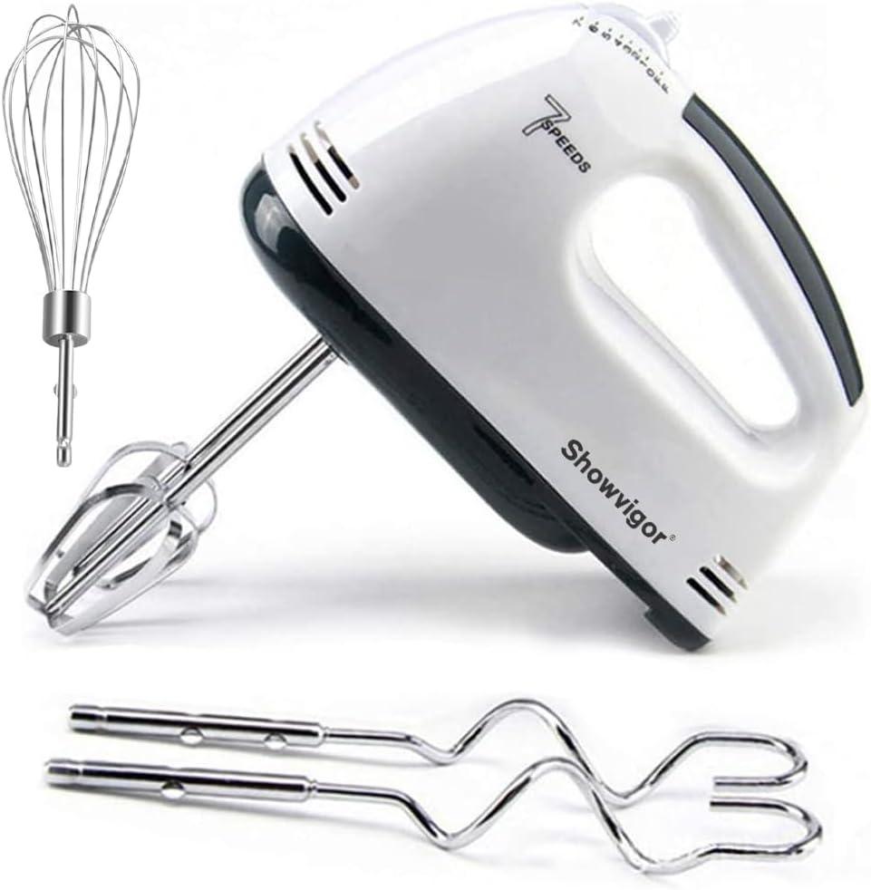 Showvigor Electric Hand mixer - 7 Adjustable Speed 180W Handheld Mixer Electric Whisk with 5 Stainless Steel Accessories, Turbo Boost/Self-Control Speed + Eject Button Food Beater for Cakes Eggs (one size, Off white)