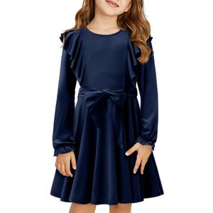 Yoklass Girls Dress Long Sleeve Ruffle Elegant Flowy Swing Dresses with Belt 4-13 Years (10-11 Years, A Navy Blue)