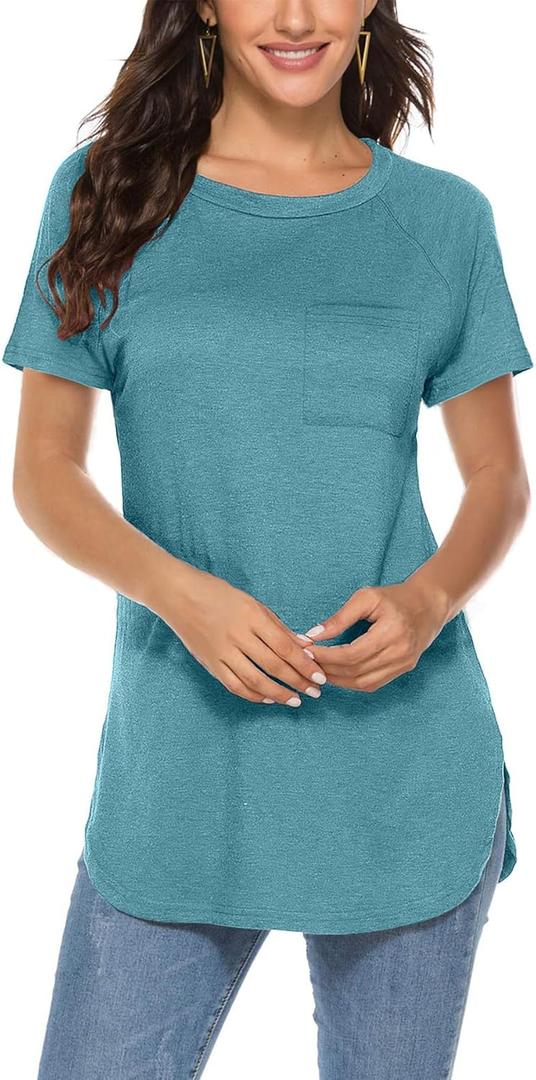 Newchoice Summer Blouses for Women Short Sleeve Tshirts Shirts Longline Tunics with Pockets (XL, Blue Green)