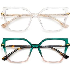 AMOMOMA Trendy Square Blue Light Blocking Reading Glasses for Women Women's Readers Spring Hinge AM6082 (C1.crystal +C2.green Grading Brown)