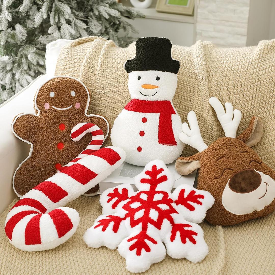 5 Pcs Christmas Throw Pillows Xmas Tree Gingerbread Man Snowflake Pillows Red White Stripe Candy Cane Peppermint Shape Cushion Stuffed Christmas Decoration for Home Sofa Bed Couch Party