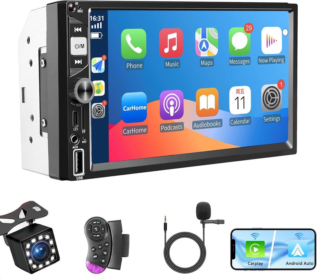 Double Din Car Stereo,Dykucic 7 Inch Wireless Carplay Car Stereo with Apple CarPlay & Android Auto,Touchscreen with Backup Camera FM Bluetooth Multimedia Player Car Radio