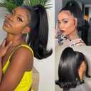 LEOSA Kinky Straight Drawstring Ponytail Extension for Black Women Tail Warping Pony tail Hair Extainson Natural Black Ponytail Synthetic 16" Yaki Straight Ponytail Hair Bun Hair Pieces for Women