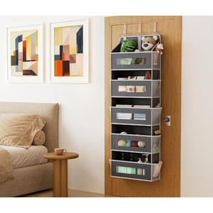 Packs 5-Tier Over the Door Organizer with 10 Side Mesh Pockets, 48 lbs Load Capacity, 3 Hooks Design, Hanging Storage Organizer with Clear Windows for Bathroom, Bedroom, Nursery, Kitchen-Grey