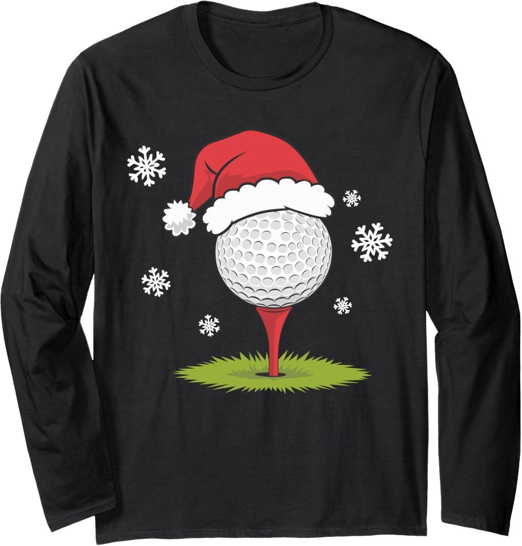 Christmas Golf Ball Santa Hat Golfing Xmas Lights Long Sleeve T-Shirt, XL