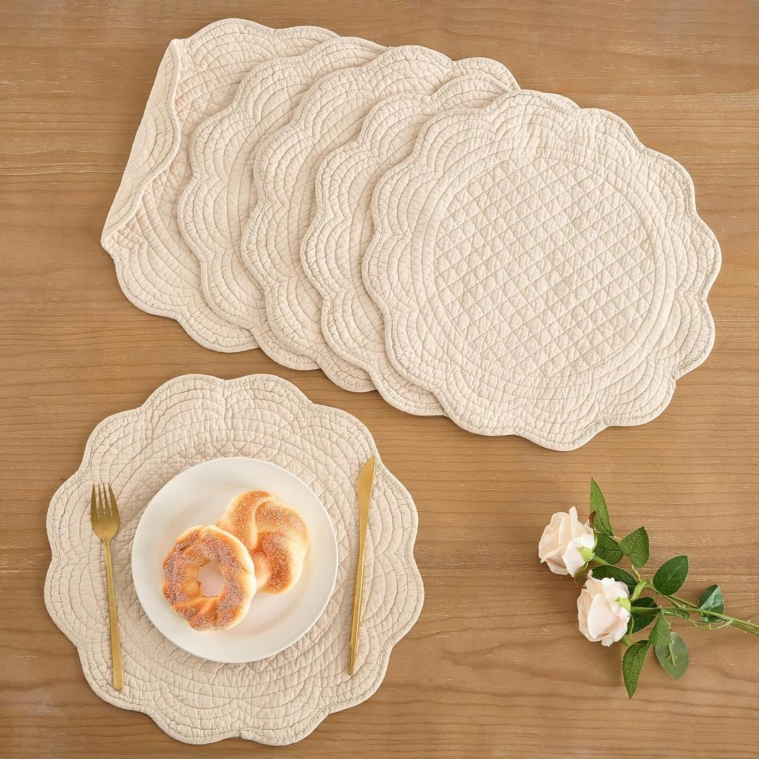 Upgraded 6PCS 15-Inch Extra Large Placemats-Large Size for Wide Coverage, Quilted Placemats Set of 6,100% Cotton with Microfiber Filling, Thick &Washable, Perfect for Dining & Holiday Gatherings,Flax