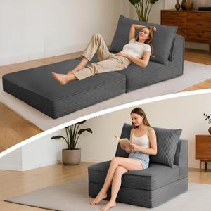 Folding Sofa Bed, Convertible Sleeper Chair with Pillow,Corduroy Comfy Floor Futon for Living Room Bedroom,Modern Accent Reading Chair,No Assembly Required,Grey, 37 inches x 39 inches x 15 inches