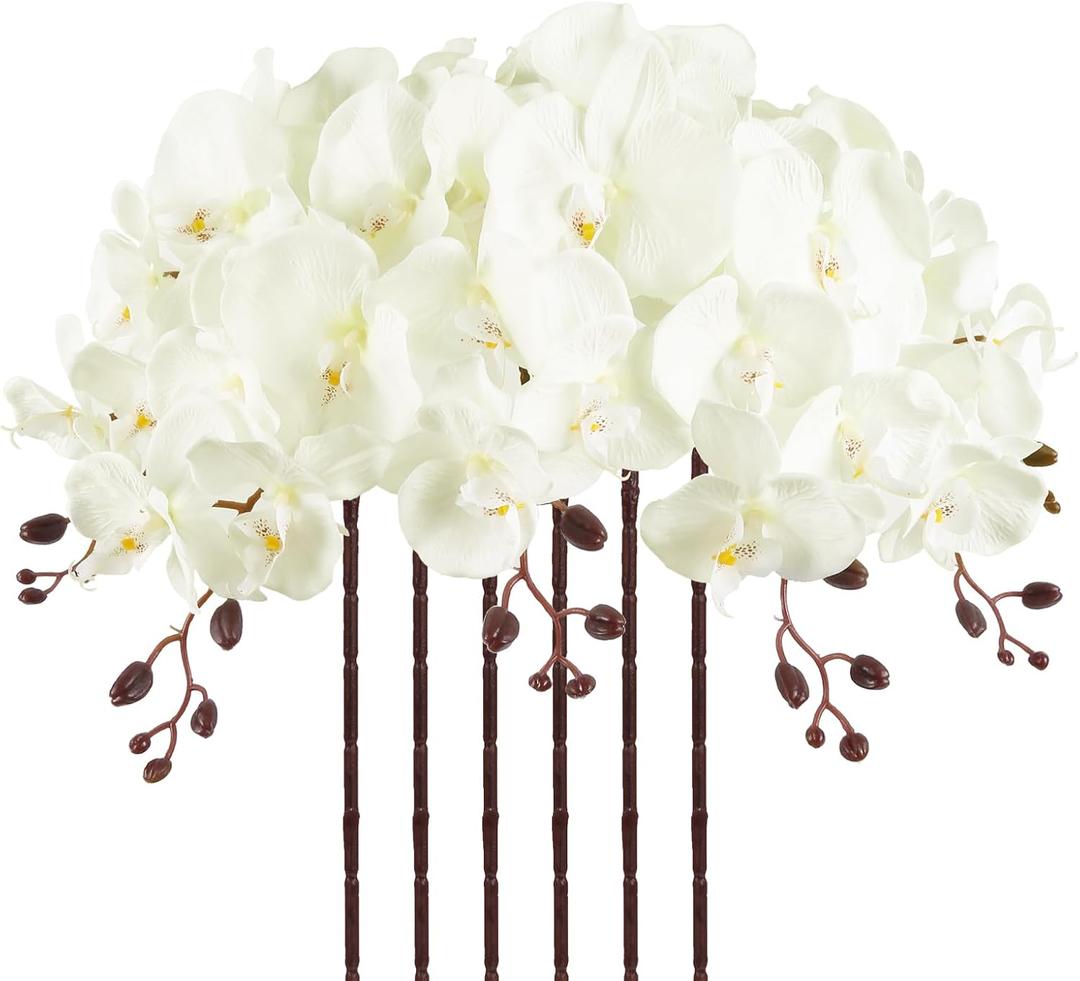 41.34" Orchid Artificial Flowers 6PCS Velvet Silk Faux Orchids Long Stem Artificial Flowers for Tall Vase for Home Wedding Party Decoration(Ivory White)