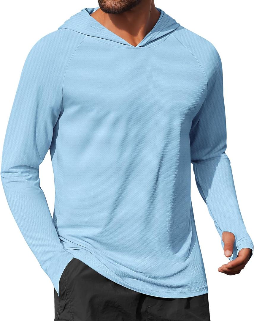 COOFANDY Mens UPF 50+ Hoodie Shirts Long Sleeve Rash Guard Sun Protection Fishing Shirts Lightweight Quick Dry Hoodies (Small, Sky Blue)