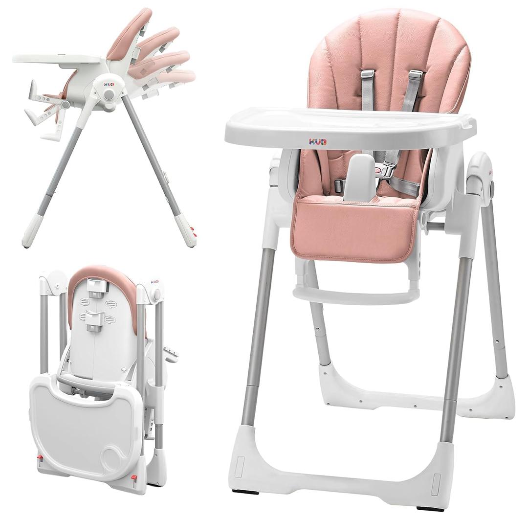 KÜB 3-in-1 Foldable & Portable Baby High Chair with 2 Lockable Wheels(Pink) 7 Height & 4 Recline Adjustable High Chairs for Babies and Toddlers with Removable Seat & Tray for Easy Clean,  Manufacture Date SEPT 2025