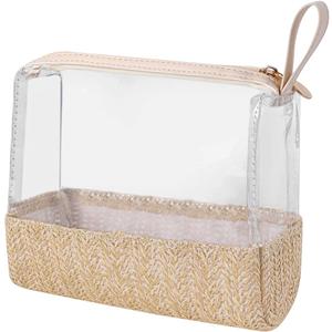 RSRSLEII Boho Small Clear PVC Waterproof Makeup Bag with handle, Transparent Zipper Cosmetic Bag for Travel, Beach Bag for Sun screen Skincare (02 Beige-1)