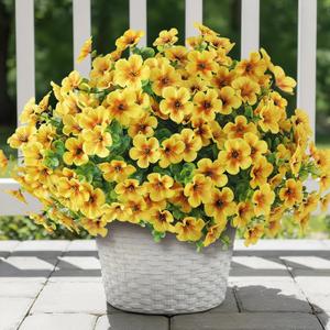 VIERENA 24 Bundles Artificial Flowers and Eucalyptus for Outside, Sun Resistant Silk Fake Morning Glory with Faux Eucalyptus Plants for Garden Porch Farmhouse Home Spring Summer Decor (Yellow)