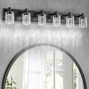 SineRise Vanity Light with 3 Color Modes (3000K/4000K/6000K), Eye Protection LED Bathroom Light Fixture, Dimmable Modern Wall Light Over Mirror with Clear Glass Shade (Black, 6-Light)