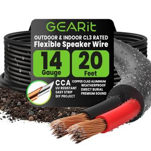 GEARit 14 Gauge Speaker Wire Cable,14 Gauge Wire CL3 Rated 20ft,Audio Cable with Red/Black Color Coded,Outdoor Speaker Wires for Home,Car,Outdoor,Patio,Garden,in-Wall,Backyard,CCA(Black,2-Conductors)