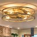 20 Inch Low Profile Caged Ceiling Fan with Light and Remote, Flush Mount, Noiseless DC Motor, Reversible, 6 Speed with Timer, Rustic Bladeless Cage Design for Bedroom Kitchen Dining Room (White Brush Gold)