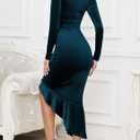 NASHALYLY Elegant Velvet Dress for Women,Sexy Long Sleeve Bodycon Mermaid Dress Ruched Cocktail Party Wedding Square Neck (Blue)