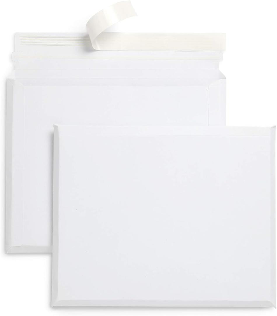 Blue Summit Supplies 25 Rigid Envelopes, Large Expanding Envelopes Self Seal, Rigid Mailer with E-Z Open Tear String, White 9 3/4 x 12 1/4 Inch Mailers with 5/8 Inch Expansion, 25 Pack