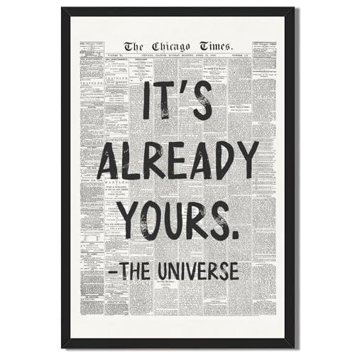 Framed Black And White Retro Newspaper Wall Art ItS Already Yours Universe Quote Poster Trendy Positive Inspirational Wall Decor for Bedroom Office Apartment Dorm Affirmation Canvas Print 8x12inch