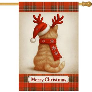 IVN Christmas Cat Back Garden Flag 28 x 40 Inch Double Sided Flag Design for Yard Porch Outdoor Christmas Cat Back with Antlers Rustic Yard Lawn Outdoor Decor.