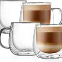 CNGLASS 16oz Double Walled Glass Coffee Mugs(4-pack),Large Clear Coffee Cups with Handle,Glass Espresso Mugs for Latte,Cappuccino,Tea