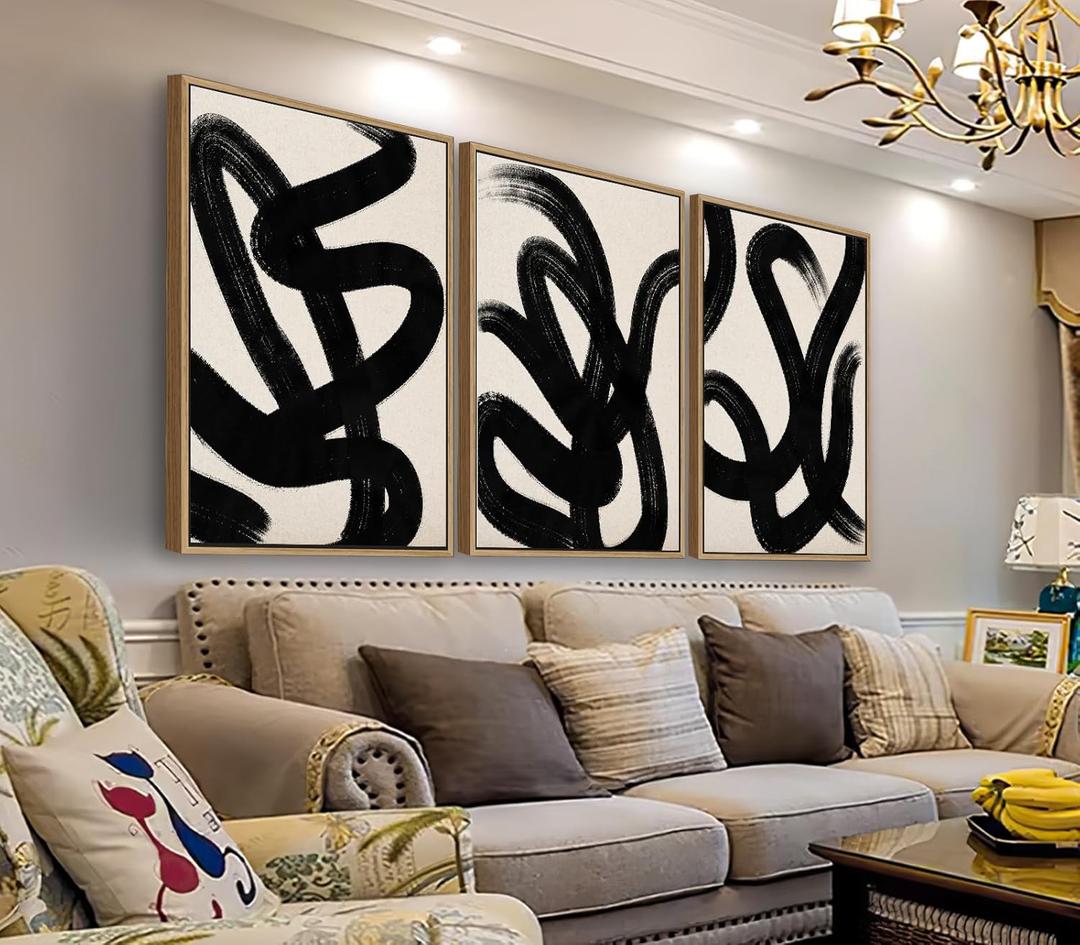 Framed Wall Art Canvas Set Abstract Lines Pictures Modern Mid Century Boho Wall Decor Minimalist Abstract Black Stroke Lines Canvas Painting Artwork Living Room Bedroom Home Office 20"x28"x3 Natural