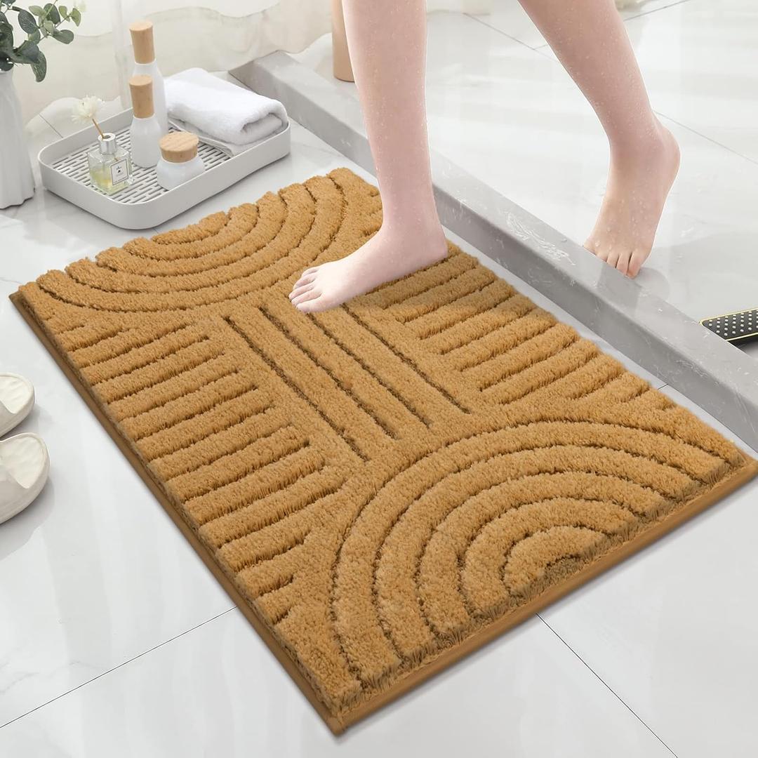 SHACOS Boho Bathroom Rugs 24"x36" Extra Soft Absorbent Microfiber Bath Mats Home Decor Non Slip Carpet Machine Washable Shaggy Bath Rugs for Bath Room Shower Bathtub, Mustard