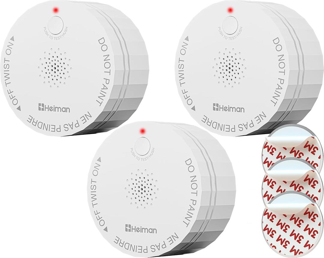 Heiman Smoke Detector, 10-Year Battery-Operated Smoke Alarms, Photoelectric Fire Detectors for Home, UL 217 10th Ed. Certified, Portable, Small, Compact, Test/Silence Button, RV, Travel, 3 Pack