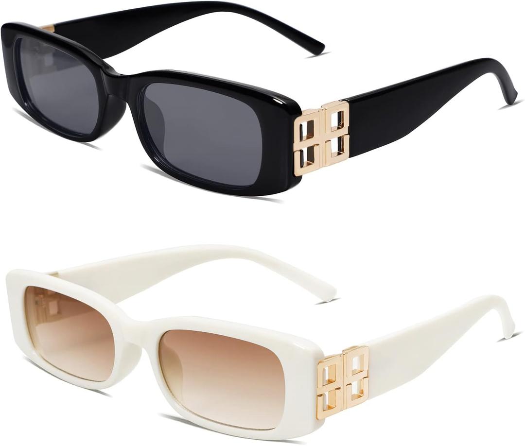 Allarallvr Rectangle Sunglasses for Women 90s Retro Trendy Y2K Classical Vintage Square Shades AR82037 (B2 Pack Darkblack+beige White)