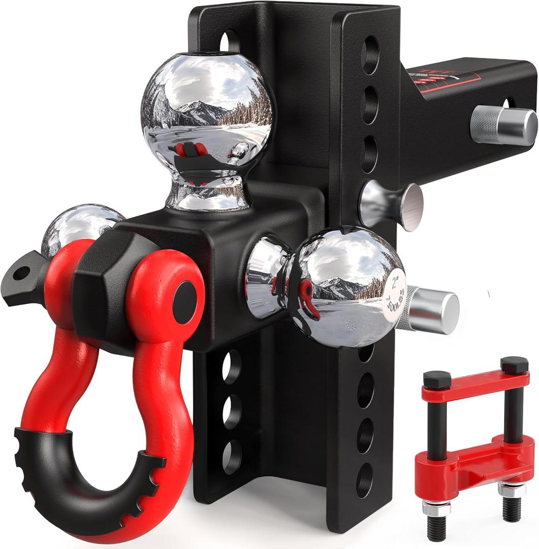 TYT Adjustable Tri-Ball Trailer Hitch for 2 inch Receiver, 4.5" Drop/Rise, Triple Balls (1-7/8", 2", 2-5/16") with Shackle, 10,000 lbs GTW, 1,000 lbs TW,Pin Lock & Hitch Tightener