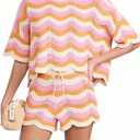 2 Piece Sets for Women Short Sleeve Striped Crochet Cover Up Tied Shorts Beach Clothes (White, S)