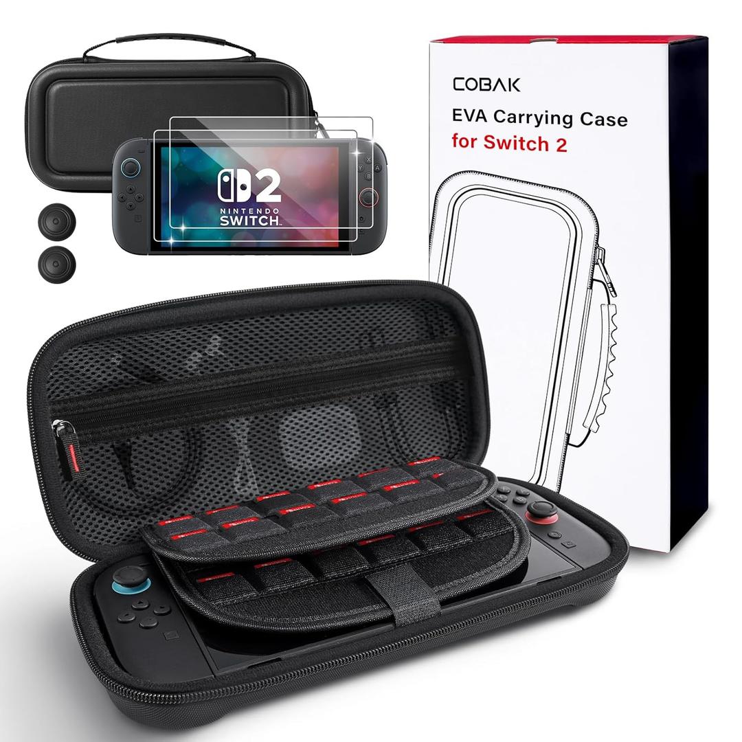 CoBak Large Capacity Carrying Case for Nintendo Switch 2 (2025) - 3 in 1 Accessories Bundle with 2 Screen Protectors, Thumb Grip Caps, 24 Game Cartridges, Hard Shell Portable Travel Pouch, Black