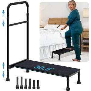 Bed Step Stool with Handle for Elderly Adults, 30.5" Long Bedside Step Stools for High Beds with Adjustable Height Handrails, Medical Heavy Duty Stepping Stool for Bedside, Step, SUV, Bathtub (4-Leg)