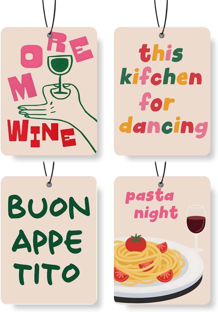 Kitchen & Foodie - Themed Car Air Freshener 4 Pcs, Fun Culinary Quotes & Art Hanging Air Freshener for Cars Closet Drawer Books, Car Accessories Mirror Decor for Cooking Lovers.