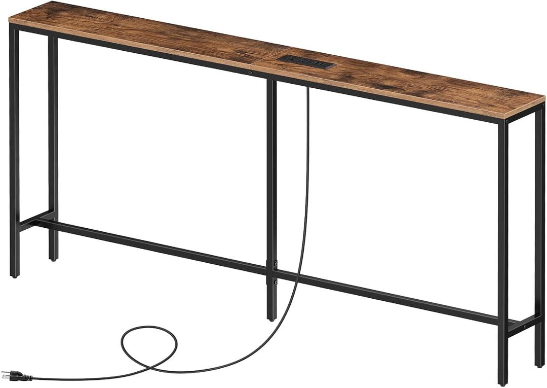63'' Skinny Console Table with Charging Station, Narrow Long Sofa Couch Table, Easy Assembly, Entryway Table for Living Room, Foyer, Hallway, Rustic Brown CTHR165E01Z1 (5.9"D x 63"W x 31.7"H)