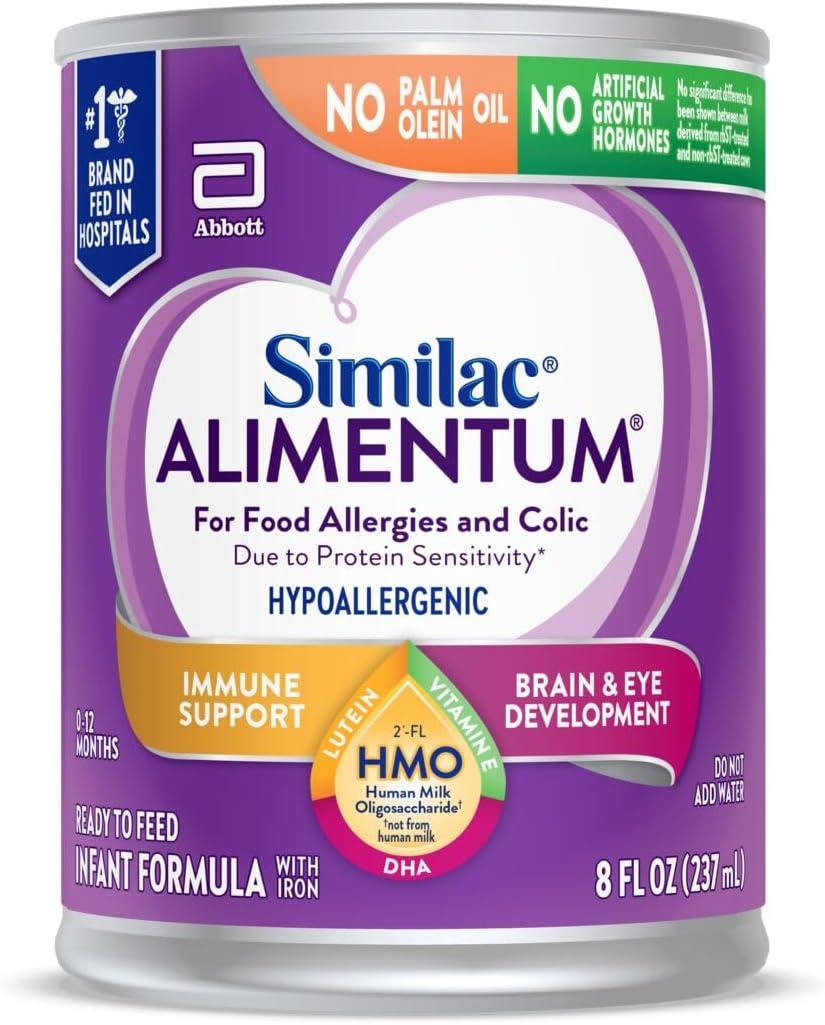 Similac Alimentum with 2'-FL HMO Hypoallergenic Infant Formula, for Food Allergies and Colic Due to Protein Sensitivity, Ready-to-Feed Baby Formula, 8-fl-oz Bottle, Pack of 24 (EXP 08/01/26)