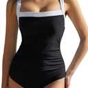 QINSEN Women's Square Neck One Piece Swimsuit Side Ruched Tummy Control Adjustable Straps Bathing Suit (Black, S)
