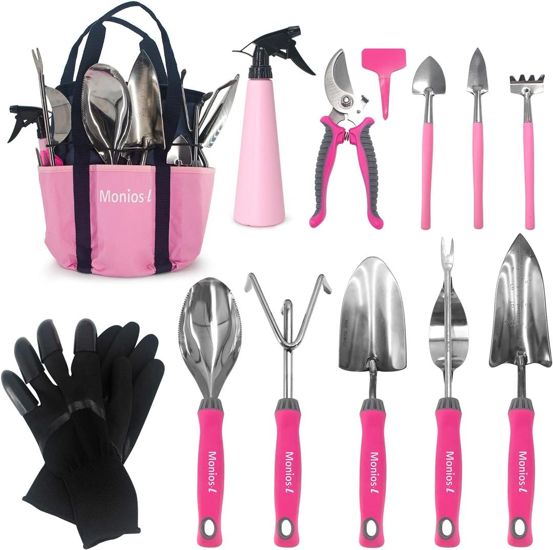 Monios-L Garden Tool Set, Gardening Supplies for Gardener, Stainless Steel Heavy Duty with Non-Slip Ergonomic Handles, Pink Yard Tools Gifts with Storage Tote Bag and Extra Succulent Kits