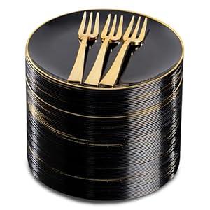 Festiva 200Pcs Black Gold Dessert Plates 6.3" with Plastic Forks 5"- Small Disposable Plates- Dessert/ Cake/ Appetizer Plastic Plates include 100Plates 100Forks for Christmas Party&Halloween&New Year